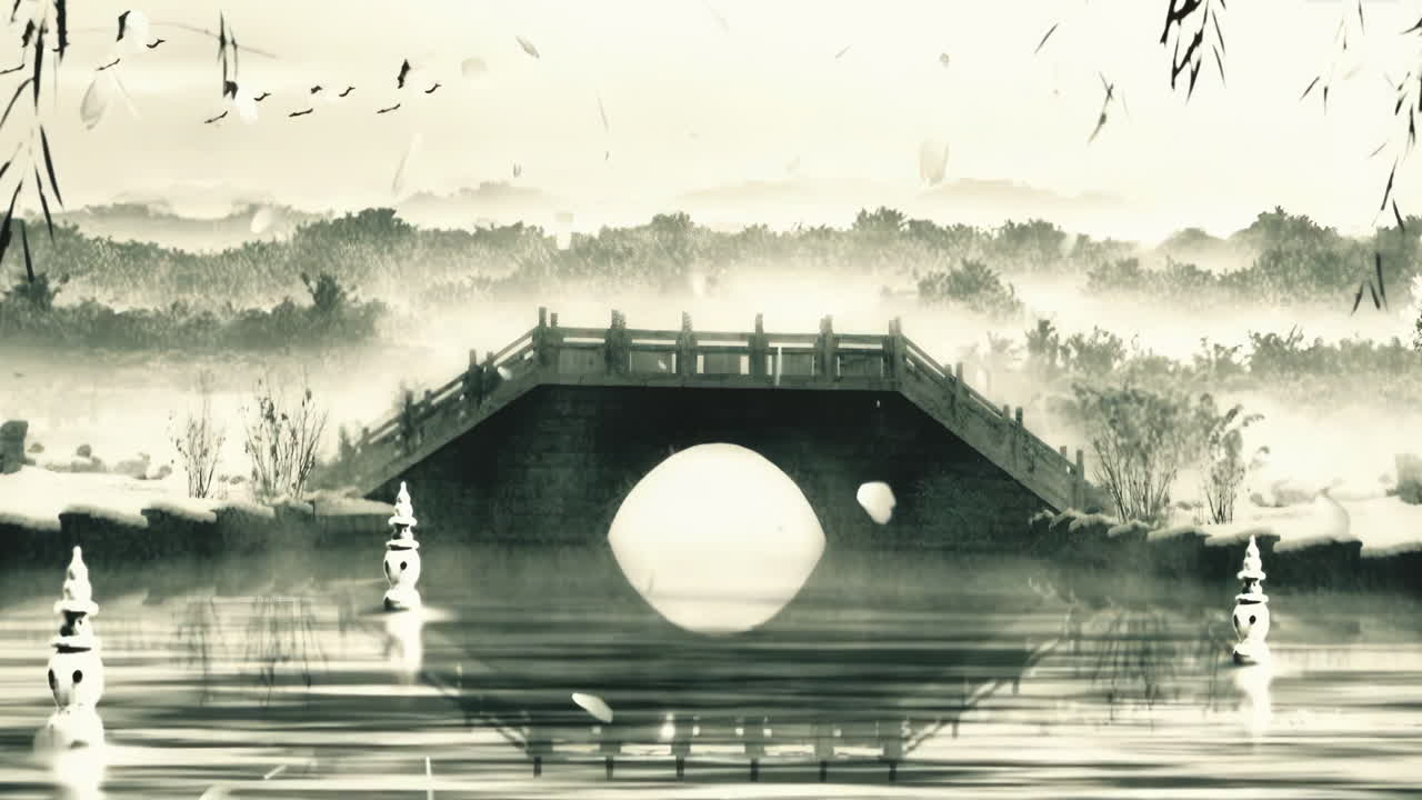 신비로운 풍경: 중국의 전통적인 동양 디지털 예술 애니메이션, 중국 레트로 페인팅 잉크, 꽃, 나무, 새, 흐린 배경의 강