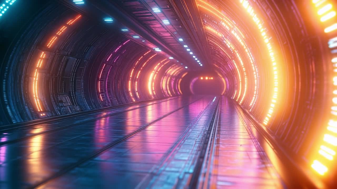 Bright, glowing tunnel scene. Vibrant lights illuminate a sleek tunnel with reflective surfaces, creating a striking futuristic atmosphere.