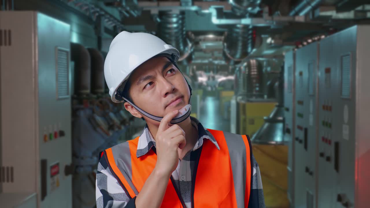 Close Up Of Asian Male Engineer With Safety Helmet Thinking And Looking Around Then Raising His Index Finger While Standing In Engine Control Room, Work Of Electrical Generators