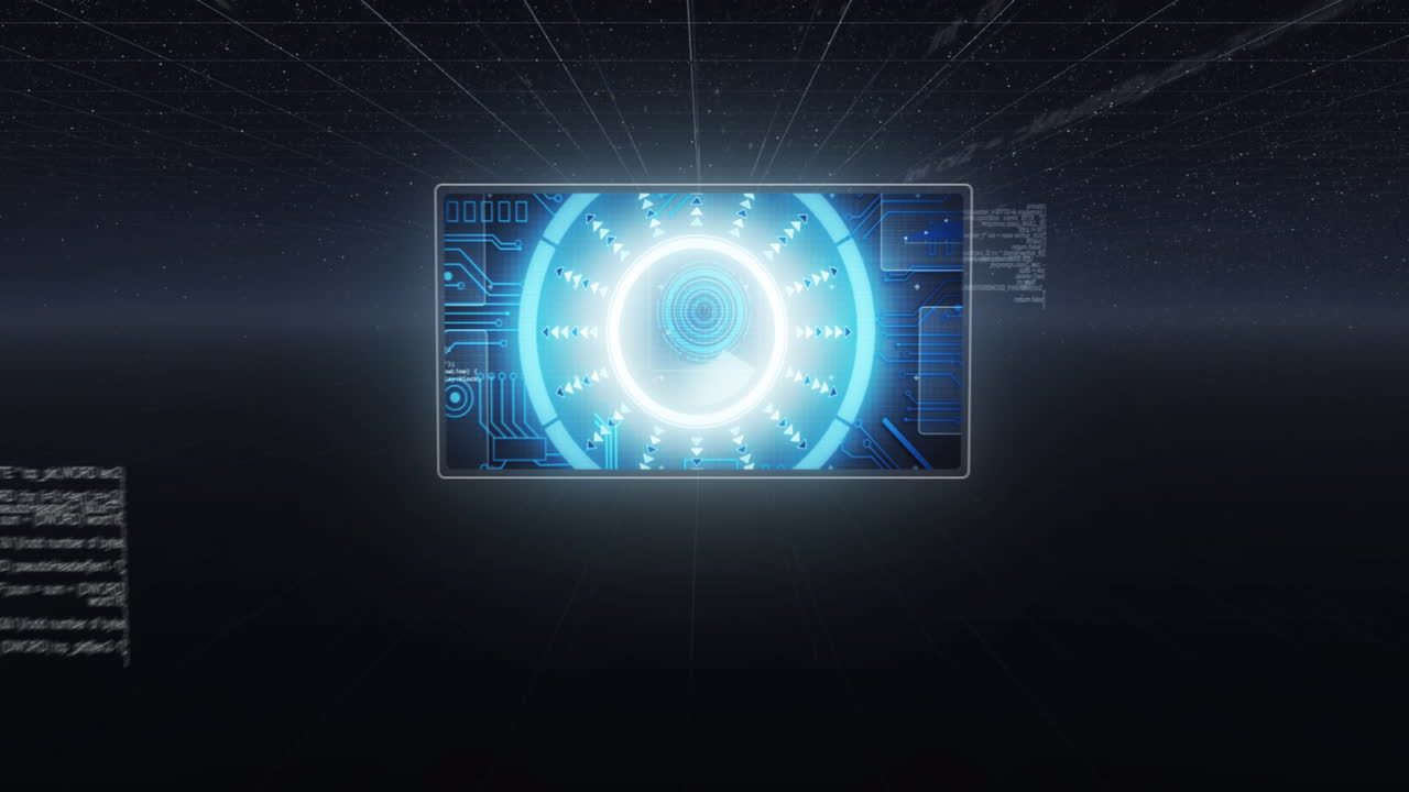 검은 바탕 위의 화면에 회로판을 가진 데이터 처리 및 범위 스캐닝의 애니메이션