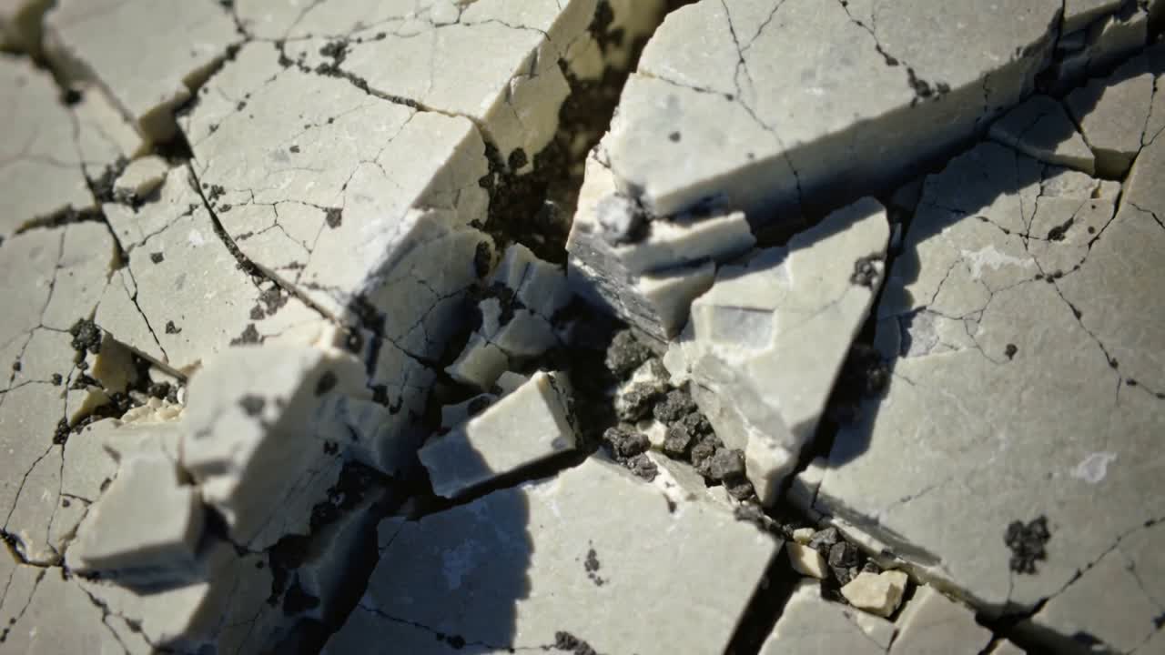 Shifting cracked clay plates crumbling into crack at dry mudflat from shadow passing nearby