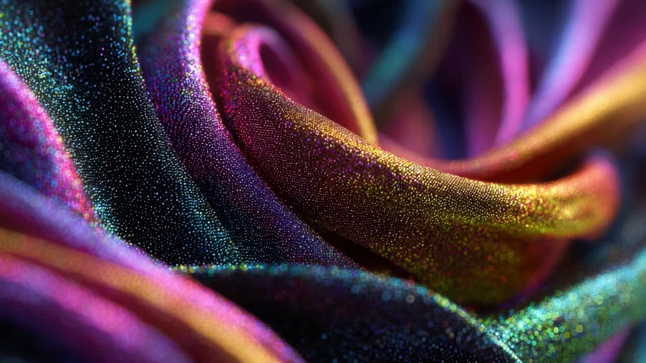 Et fængslende abstrakt display af farverige stofkurver, der danner et frodigt, blomsterinspireret design med blændende glimmer og teksturerede detaljer i en nærbilledvisning