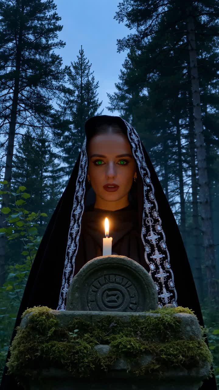 Mysterious Woman with Green Eyes and Candle in a Dark Forest
