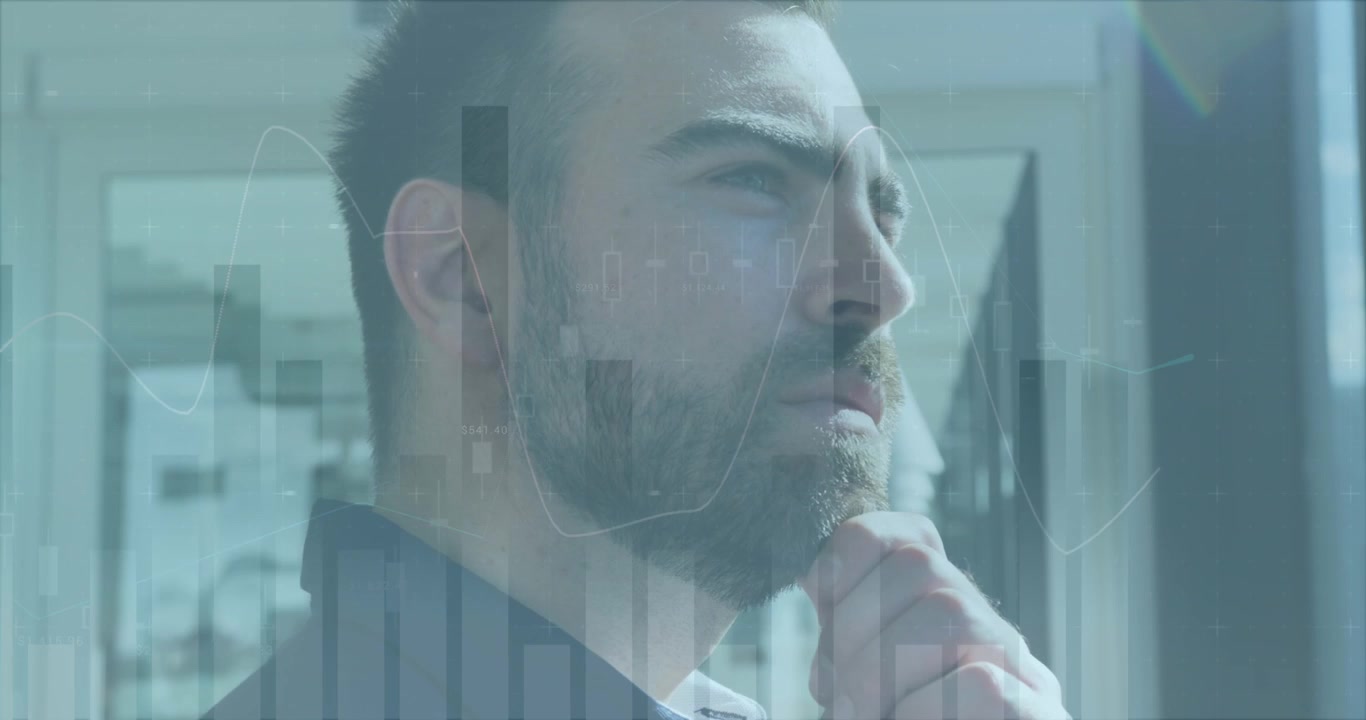 Animazione dell'elaborazione dati su un uomo d'affari caucasico in ufficio