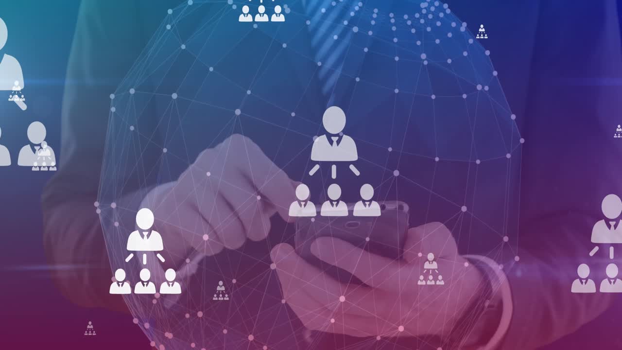 Animation of network of people icons and globe spinning over businessman using smartphone