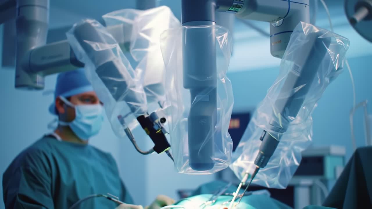 A skilled surgeon uses cutting-edge robotic technology to conduct a complex procedure in a well-equipped operating room. The focus is on precision and advanced medical techniques.