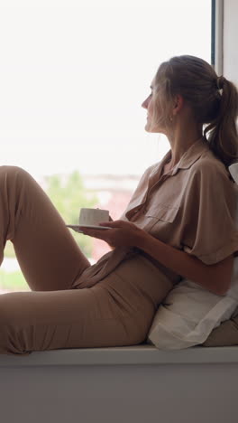 satisfied blonde woman with ponytail holds white cup of hot tea leaning on soft pillow sitting on wide windowsill in comfortable bedroom at home slow motion