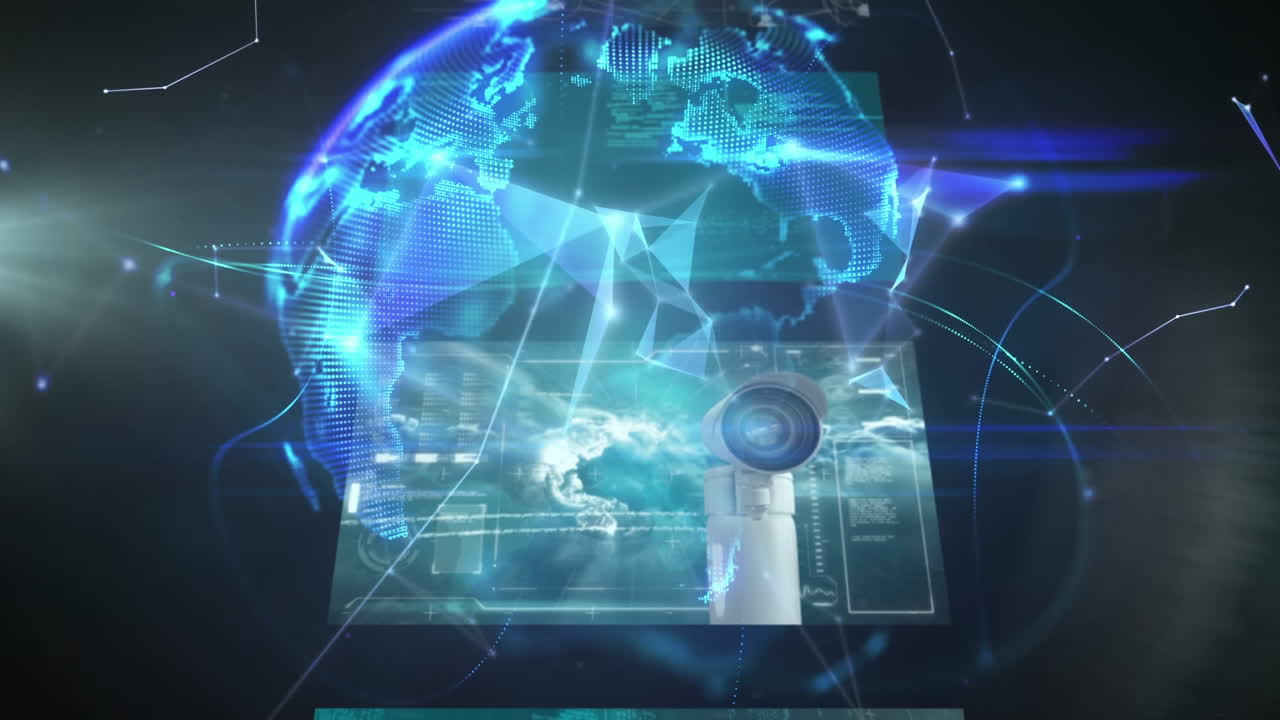 Animation of globe, screen, scope scanning with networks of connections