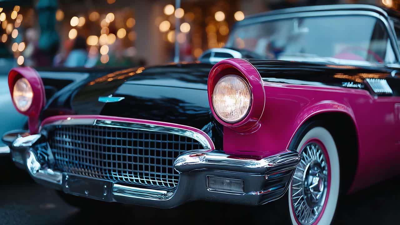 Ein atemberaubender Oldtimer, der zeitlose Eleganz mit einem Vintage-Farbschema in Schwarz und Pink präsentiert und die filigranen Details und Chromakzente hervorhebt