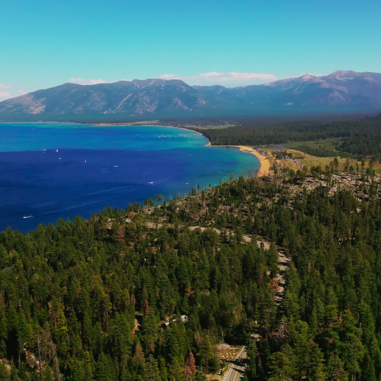 Astonishing high mountain lake in California. Aerial view of american blue water lake