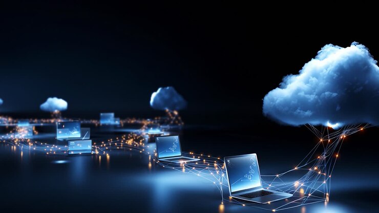 A digital landscape showcasing a futuristic connection between multiple computers and clouds, representing the seamless flow of data in a cloud computing environment