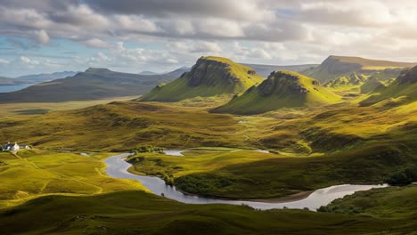 breathtaking aerial view of lush green highlands and serpentine river under dramatic clouds in a scenic landscape