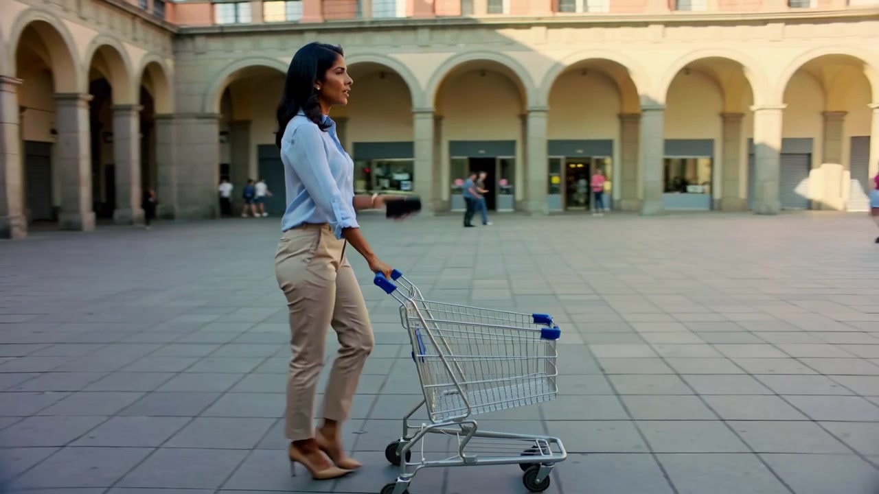Stepping forward woman wearing blue blouse, khaki pants pushing cart across plaza, checking phone