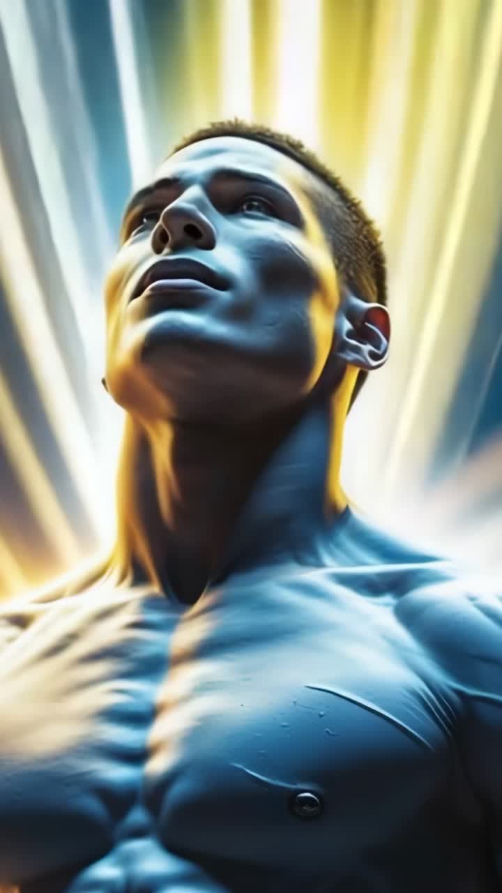 Vertical video: Showing shirtless man facing pulsing gold-blue beams in studio with earpiece