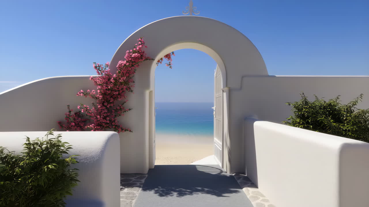Gateway to Paradise: White Arch and Bougainvillea Framing an Ocean View