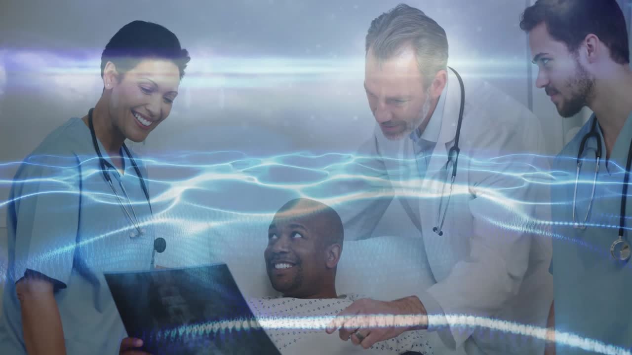 Medical team pointing X-ray film while digital waves sweeping across bed and patient relaxing