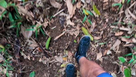 Shoe-feet-walking-along-the-trail-in-the-forest