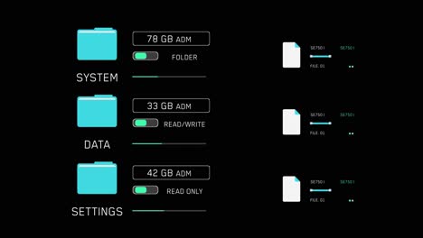 animated user interface showing a futuristic file system with folders for system, data, and settings, including status and progress bars on a black background