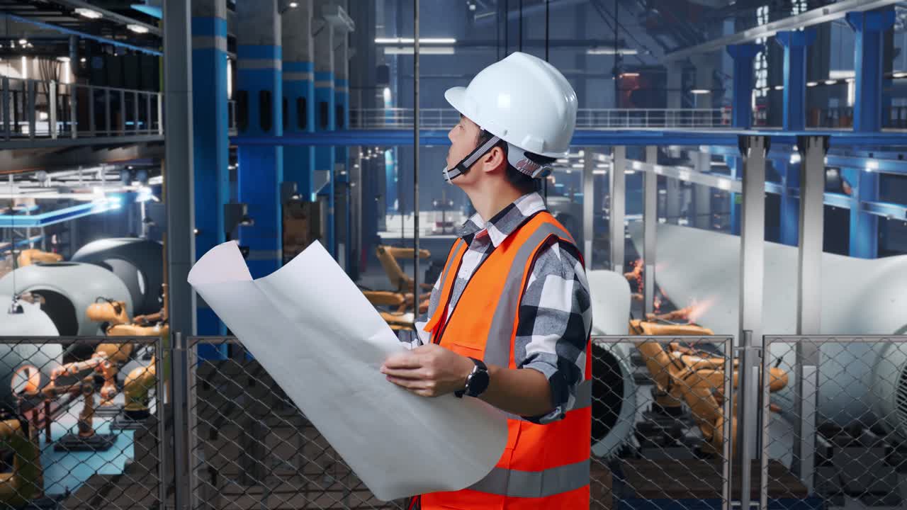 vista lateral de un ingeniero masculino asiático con casco de seguridad mirando el plano en sus manos y mirando a su alrededor mientras está de pie en la fábrica de fabricación de turbinas eólicas