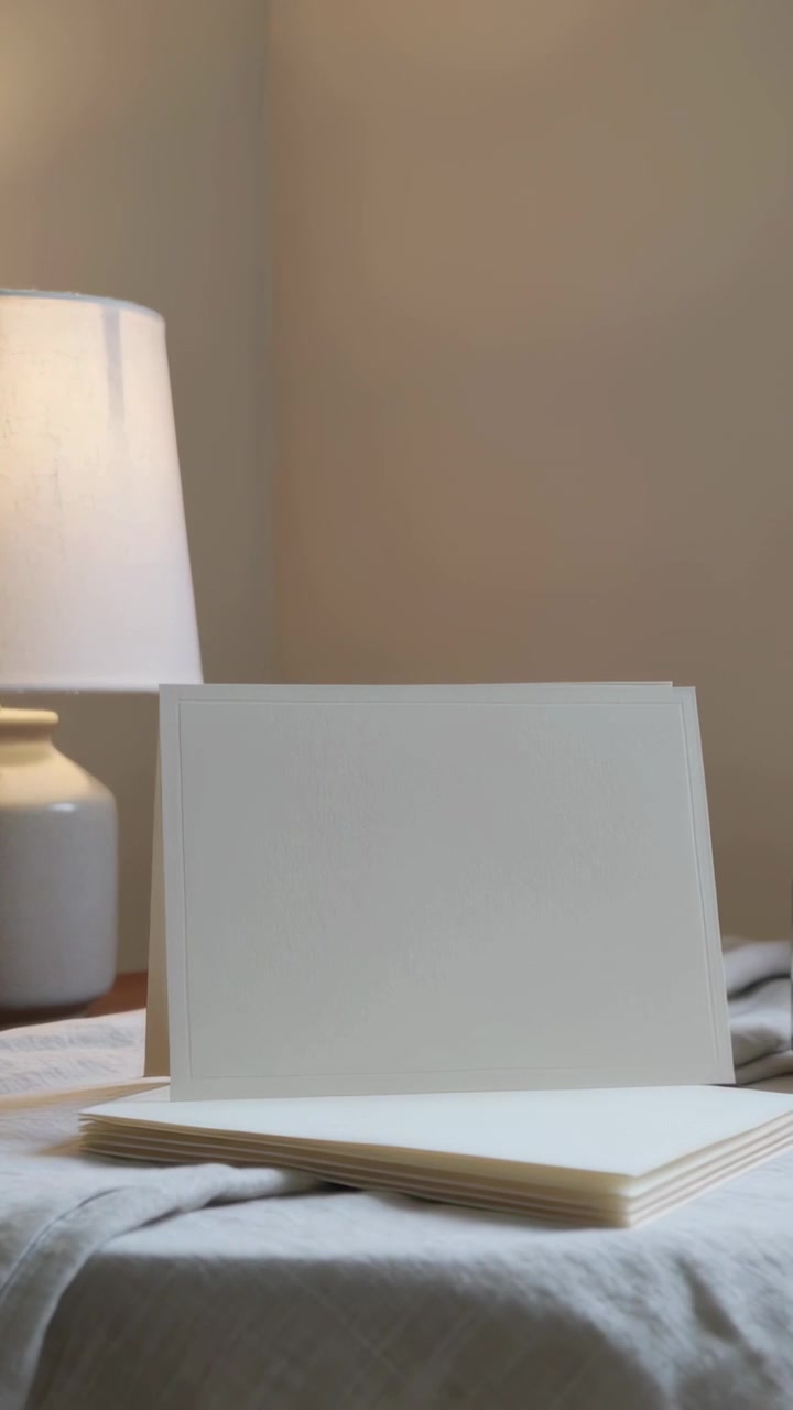 Video verticale: Panoramica della telecamera che rivela un biglietto piegato color crema vuoto su un tavolino laterale, con una lampada e un barattolo.