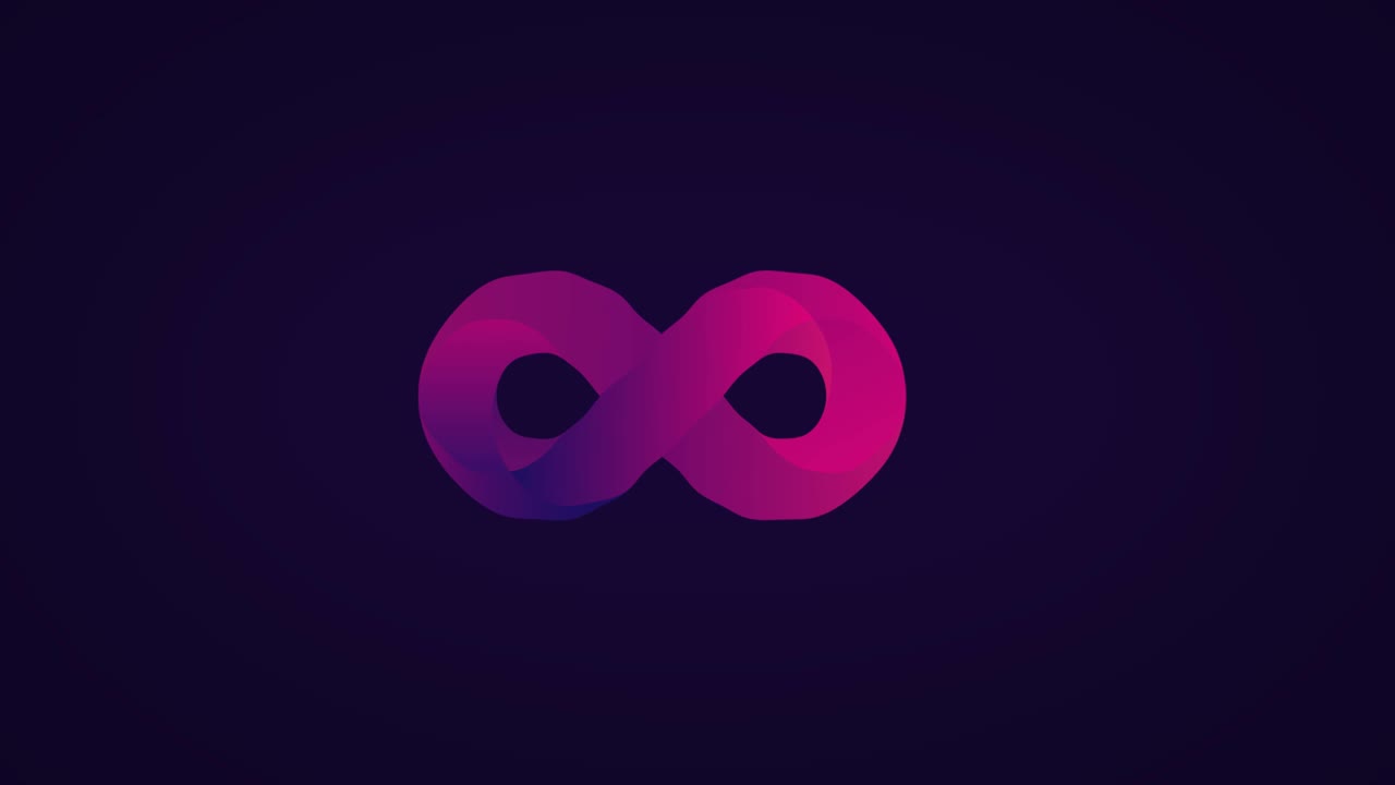 Purple and pink moving gradient infinity sign on dark purple background.