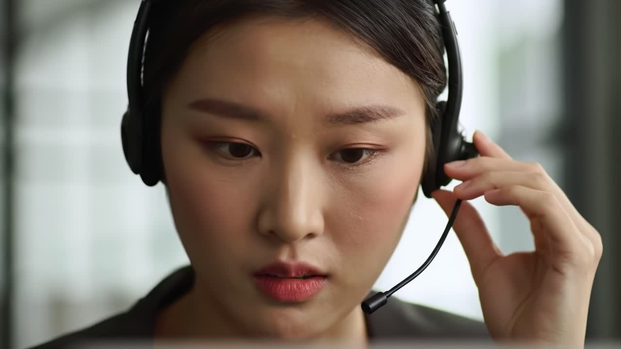 A focused woman in a headset attentively listens while engaged in a professional call, showcasing determination and effective communication in a modern workspace.