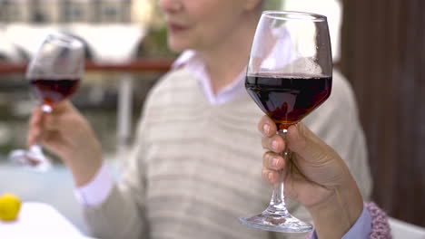 cerca de dos mujeres mayores bebiendo vino