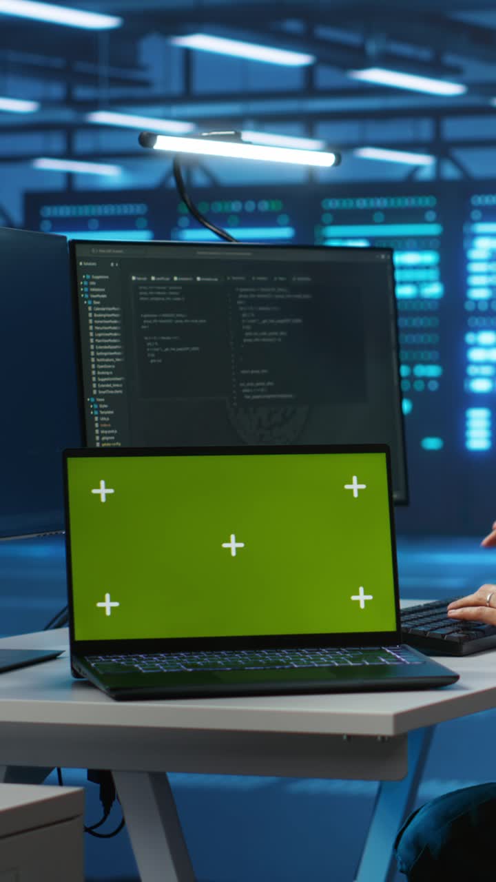 Laptop mit Greenscreen-Anzeige auf dem Schreibtisch im Serverraum