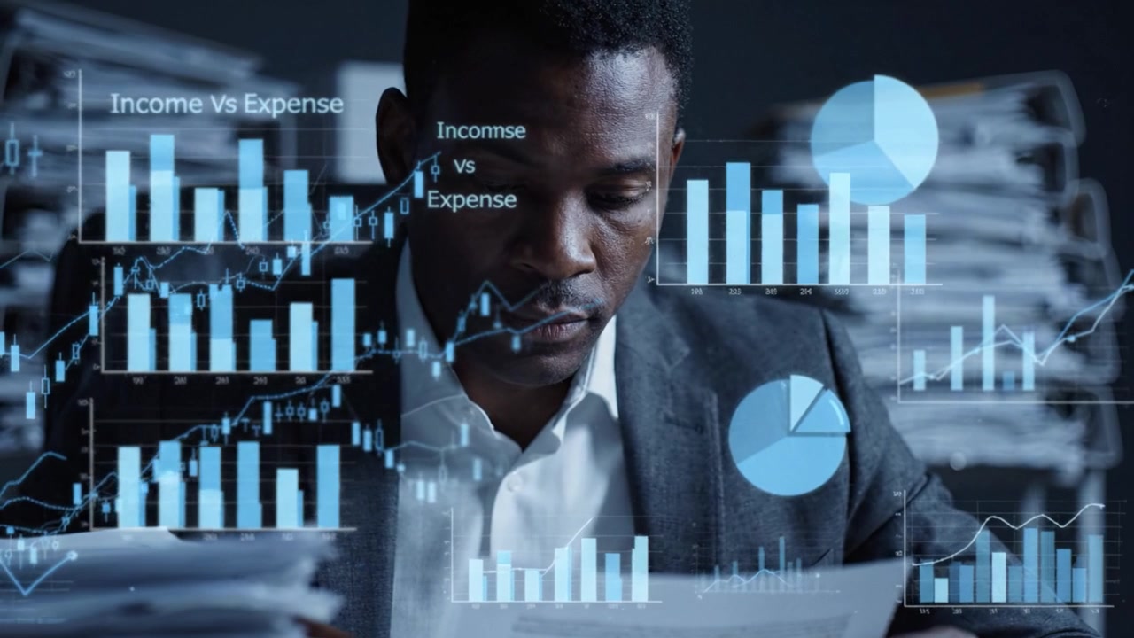 Focused Business Professional Analyzing Financial Data Amidst Piles of Documents, Surrounded by Graphs and Charts Depicting Income and Expense Trends