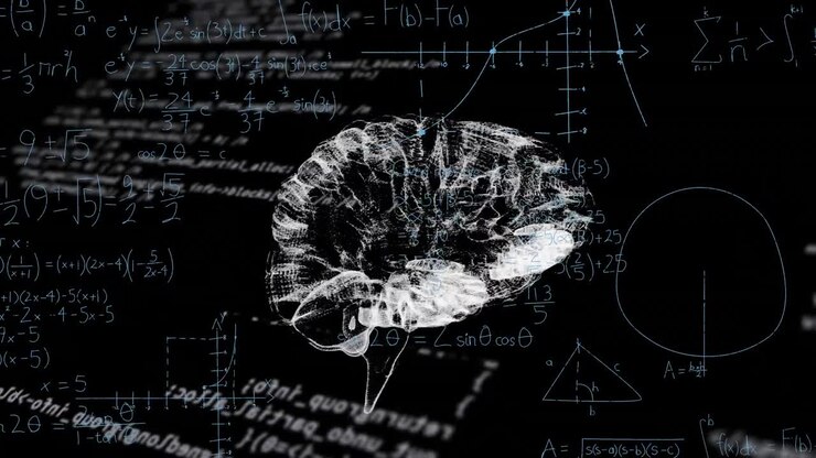 Animation of dots forming brain over computer language, mathematical equations and diagrams