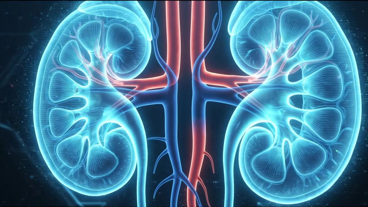 Glowing blue renal system with kidneys and ureter tubes