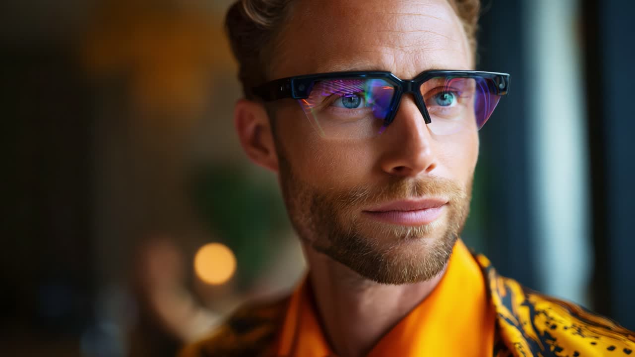 Uomo elegante con occhiali moderni e abbigliamento vivace, in posa in un ambiente contemporaneo, catturato in due diverse inquadrature
