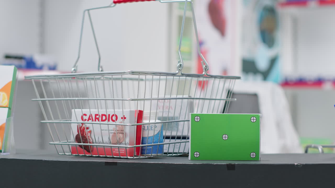 cesta llena de medicamentos y una caja con diseño de pantalla verde