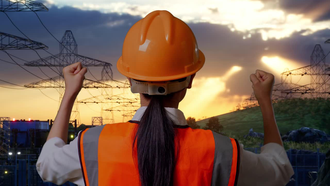 vista posterior cercana de una ingeniera con casco de seguridad levantando las manos celebrando mientras trabaja cerca de la torre de alto voltaje