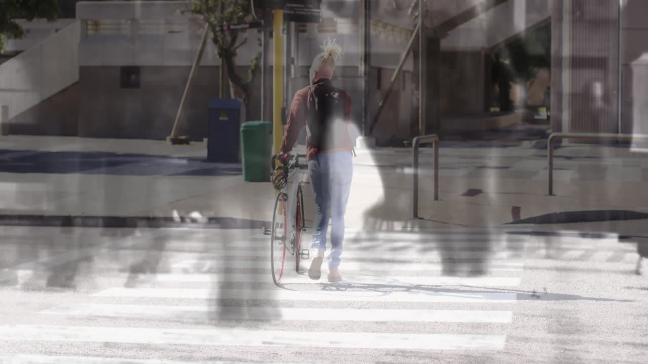 Walking with bicycle across crosswalk, person over city street animation