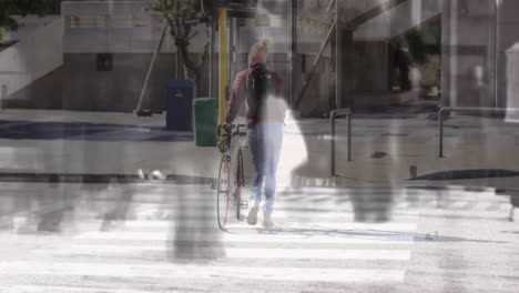 walking with bicycle across crosswalk, person over city street animation