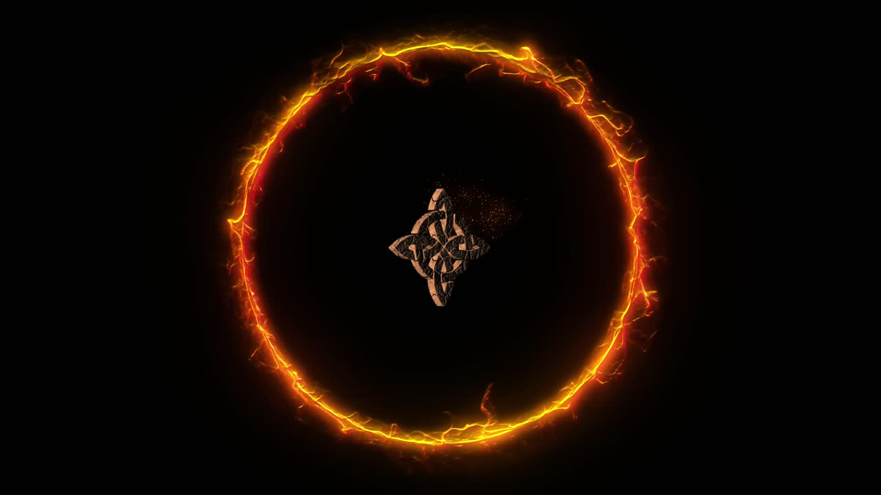 símbolo místico del nudo celta esotérico de piedra agrietada girando dentro del anillo ardiente de fuego ardiente sobre fondo negro