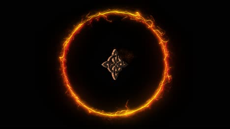 Mystic-symbol-of-cracked-stone-esoteric-celtic-knot-rotating-inside-burning-ring-of-blazing-fire-on-black-background