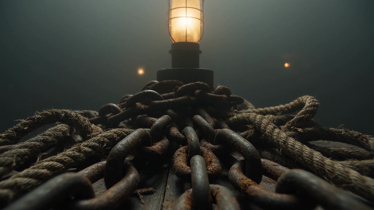Pushing camera revealing center pile rusty chains, frayed ropes on deck to show caged lantern glow
