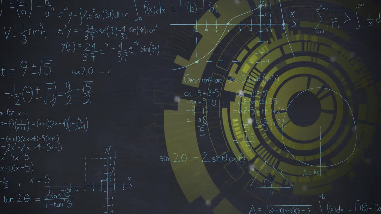 Animation of yellow circular scanner processing over mathematical equations on dark background
