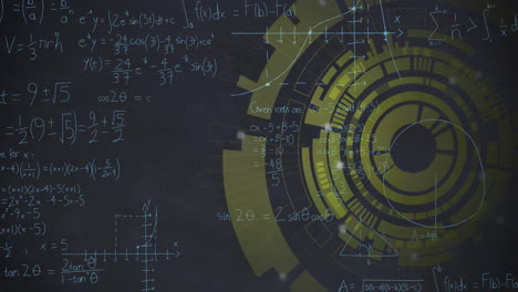 animación del procesamiento de escáneres circulares amarillos sobre ecuaciones matemáticas en un fondo oscuro