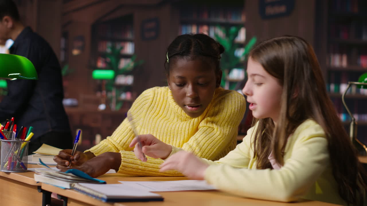 Two Girls Studying in a Library