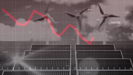 Animation-of-data-processing-with-red-line-over-solar-panels-and-wind-turbines