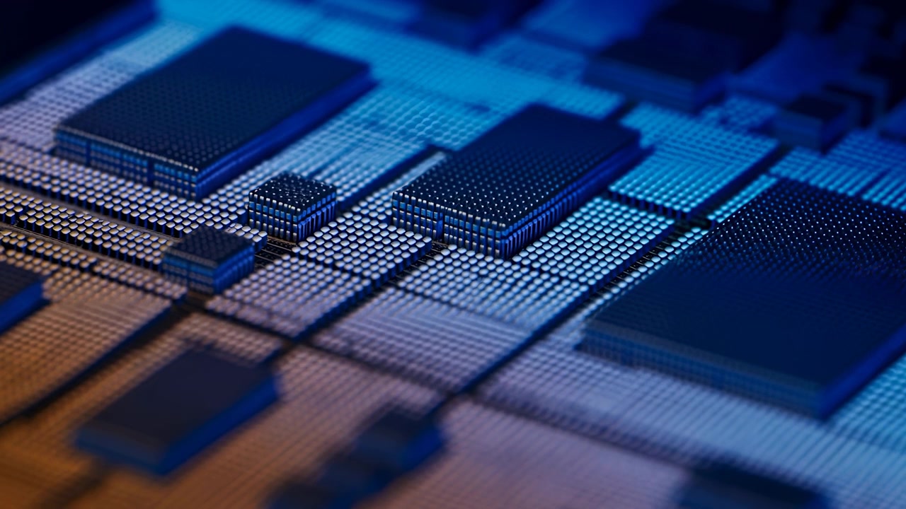 Macro electronic circuit board midsequence closeup showing sliding focus over microchips under