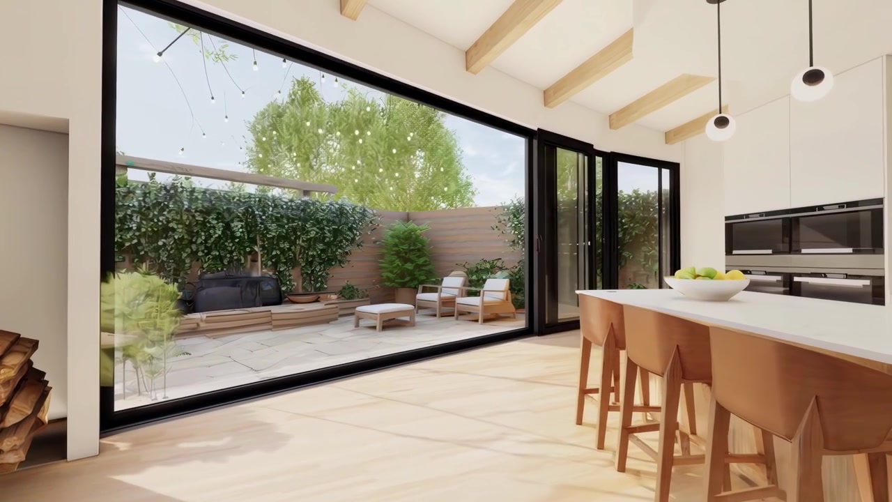 Architektonická vizualizace moderního domu s otevřenou dispozicí a terasou
