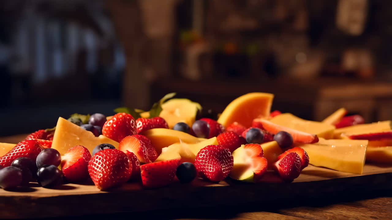 A vibrant platter of fresh fruits and cheese