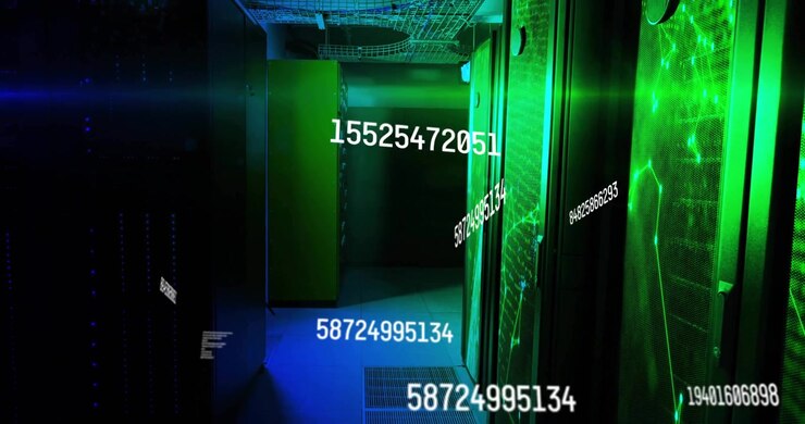 Numeric codes triggered on startup flowing across server racks, green lighting pulsing showing data