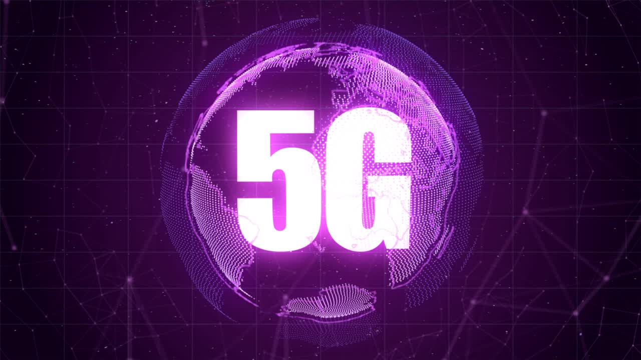 High quality VFX motion graphics animation depicting emerging technology in the 5G cellular connectivity space, with spinning particle Earth globe and abstract plexus design, in yellow color scheme