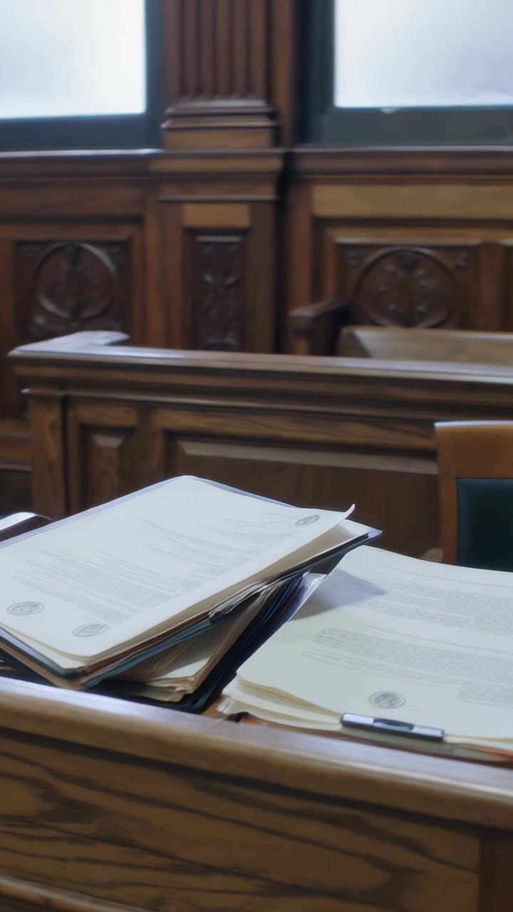 Video verticale: La telecamera inizia a scorrere su un leggio in tribunale, rivelando cartelle di manila fissate
