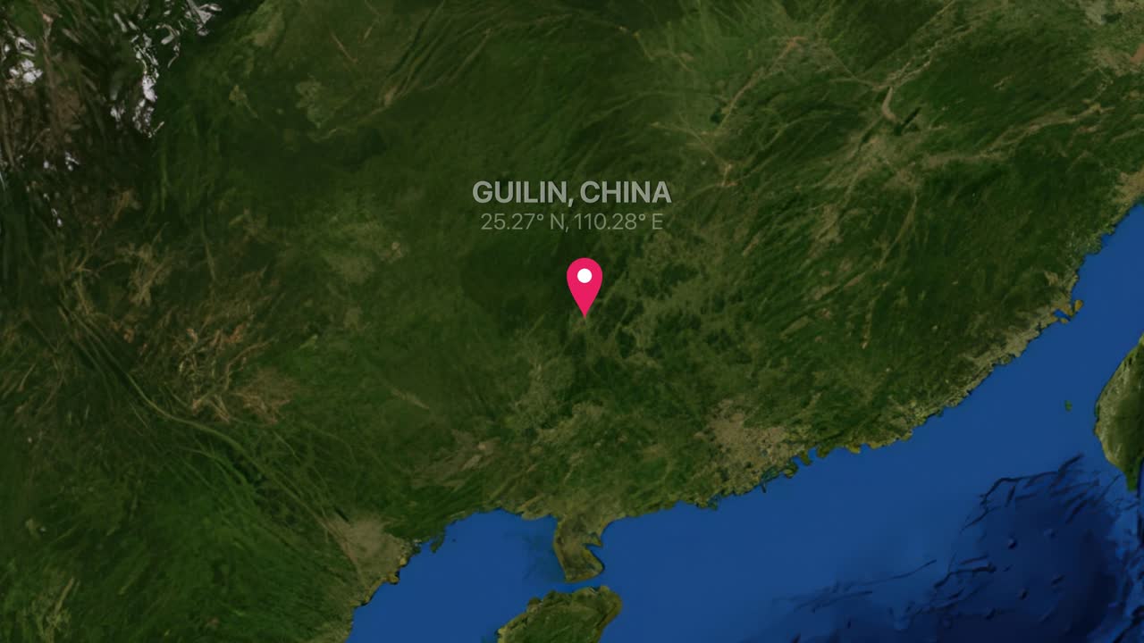 Digital earth render zooms from a global map view into Guilin China with location marker